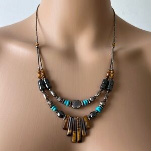 boutique double strand liquid silver hematite tigers eye necklace western